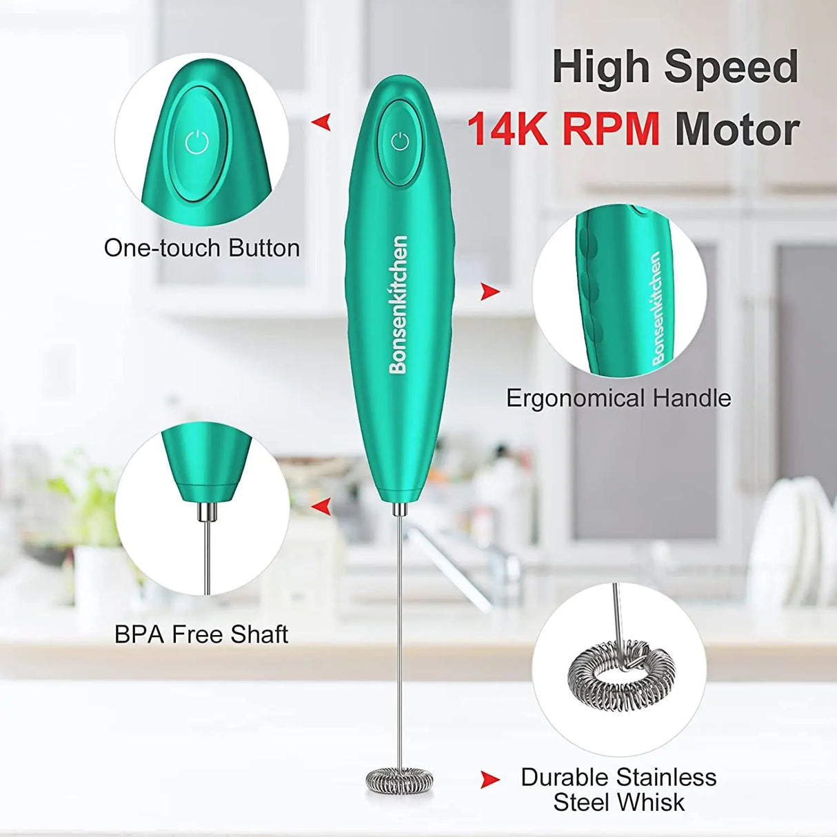 Handheld Milk Frother, Electric Hand Foamer Blender for Drink Mixer, Perfect for Bulletproof Coffee, Matcha, Hot Chocolate, Mini Battery Operated Milk Whisk Frother-Seafoam
