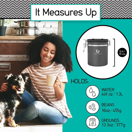 Stainless Steel Canister - Medium 16Oz, Gray Coffee Grounds and Beans Container with Date-Tracker, Co2-Release Valve, and Measuring Scoop - Ideal Coffee Lovers Gifts for Her