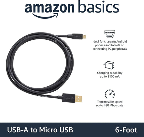 USB-A to Micro USB Fast Charging Cable, 480Mbps Transfer Speed with Gold-Plated Plugs, USB 2.0, 6 Foot, Black