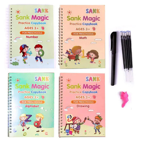 4 Books + Pen Magic Copy Book Free Wiping Children'S Kids Writing Sticker Practice English Copybook for Calligraphy Montessori