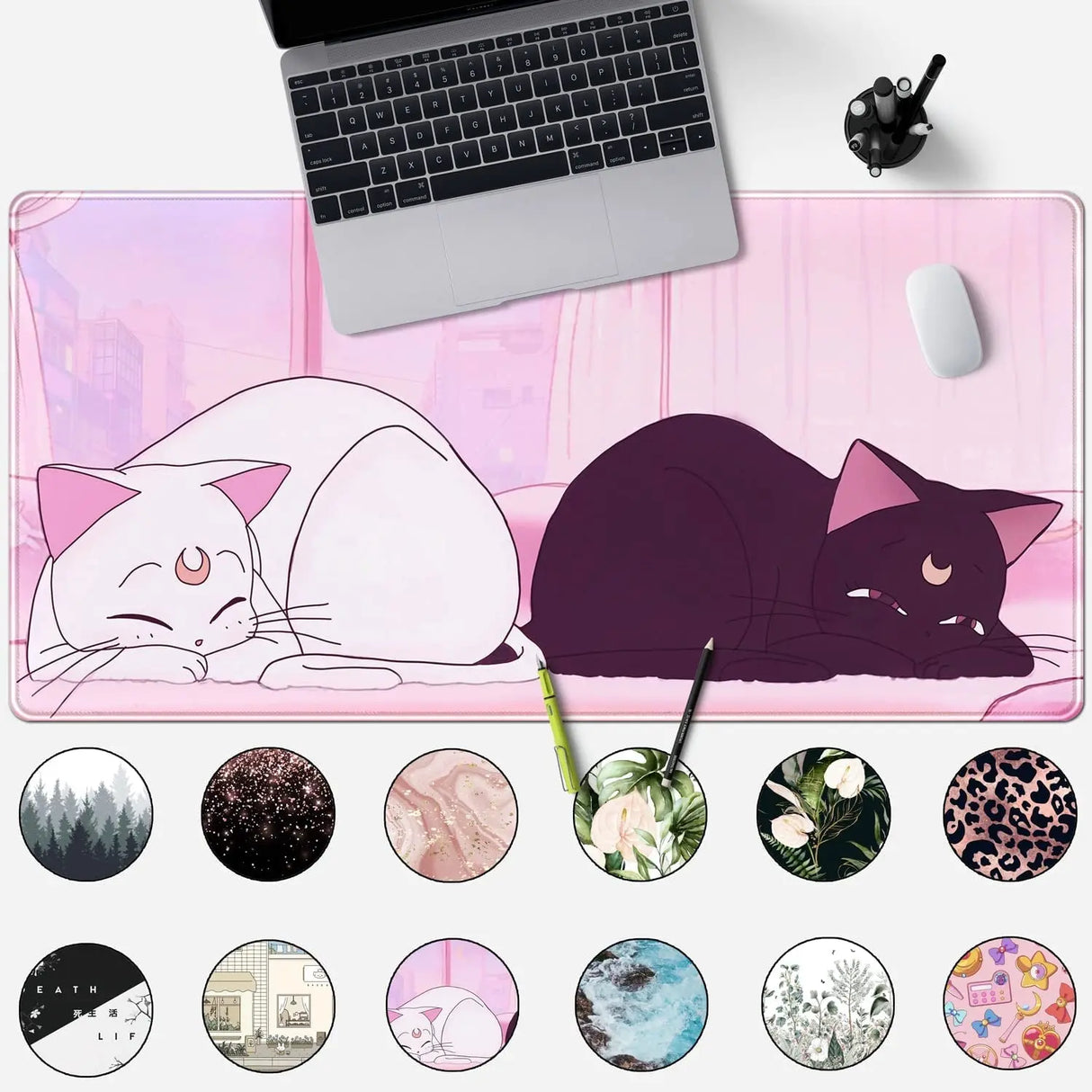 Desk Pad Pink Anime White Cat Black Cat Gaming Mouse Pad Large, Office Decor Exclusive Beautiful Girls Non-Slip Rubber Computer Mat for Women Desktop with Stitched Edges 31.5X15.7 In