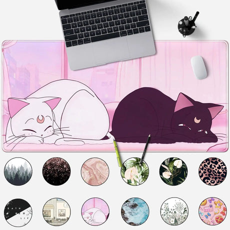 Desk Pad Pink Anime White Cat Black Cat Gaming Mouse Pad Large, Office Decor Exclusive Beautiful Girls Non-Slip Rubber Computer Mat for Women Desktop with Stitched Edges 31.5X15.7 In