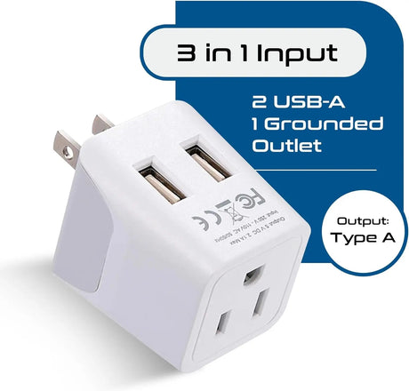 Japan, Philippines Travel Adapter Plug with Dual USB - Usa Input - Type a - Ultra Compact (CTU-6) - Perfect for Cell Phones, Laptops, Camera Chargers