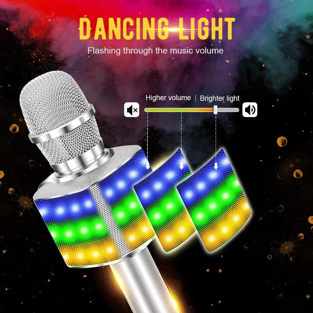 Wireless Bluetooth Karaoke Microphone with Controllable LED Lights, 4 in 1 Portable Karaoke Machine Mic Speaker for All Smartphones, Birthday Holiday Party Gifts for Kids & Adults(Q36 Silver)