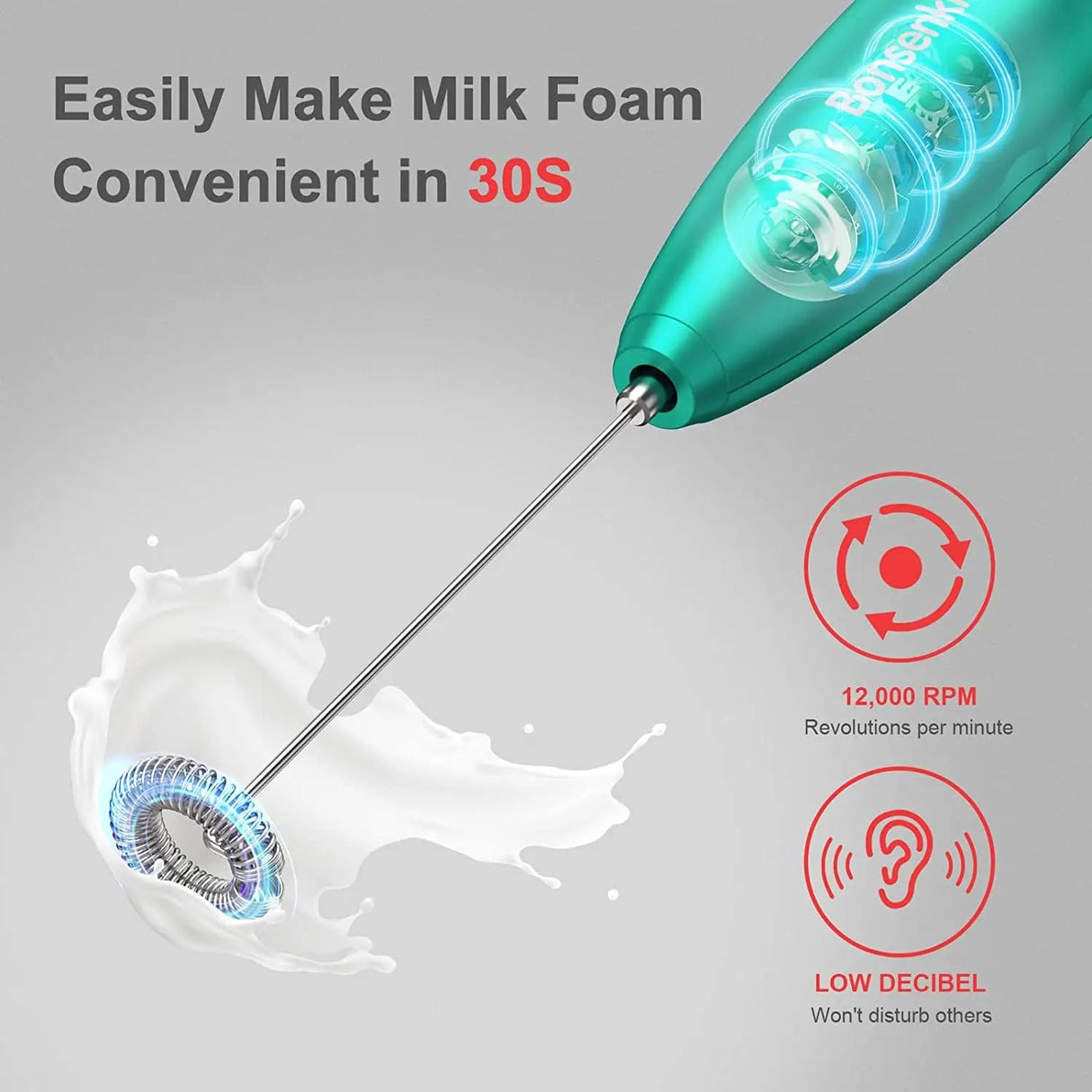 Handheld Milk Frother, Electric Hand Foamer Blender for Drink Mixer, Perfect for Bulletproof Coffee, Matcha, Hot Chocolate, Mini Battery Operated Milk Whisk Frother-Seafoam