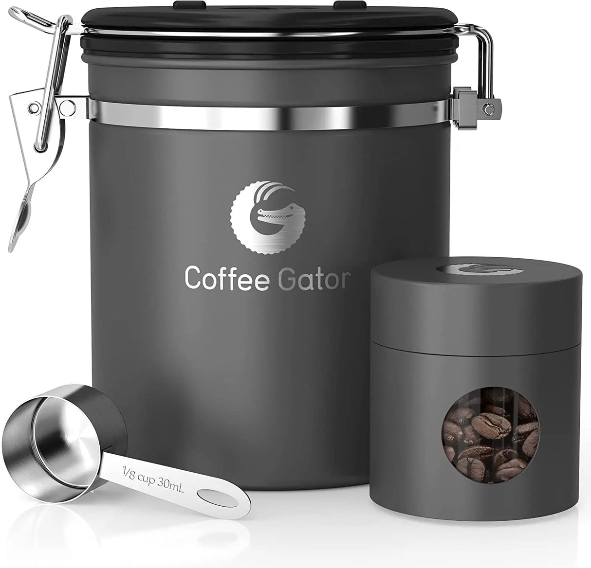 Stainless Steel Canister - Medium 16Oz, Gray Coffee Grounds and Beans Container with Date-Tracker, Co2-Release Valve, and Measuring Scoop - Ideal Coffee Lovers Gifts for Her