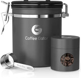 Stainless Steel Canister - Medium 16Oz, Gray Coffee Grounds and Beans Container with Date-Tracker, Co2-Release Valve, and Measuring Scoop - Ideal Coffee Lovers Gifts for Her
