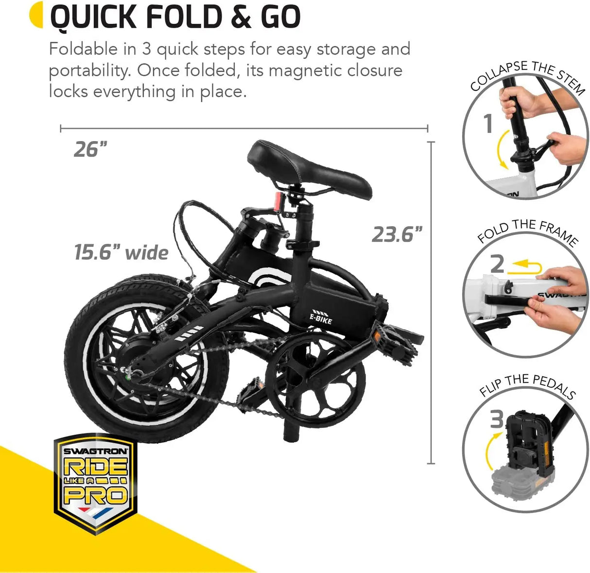 Swagcycle EB-5 Lightweight Aluminum Folding Electric Bike with Pedals