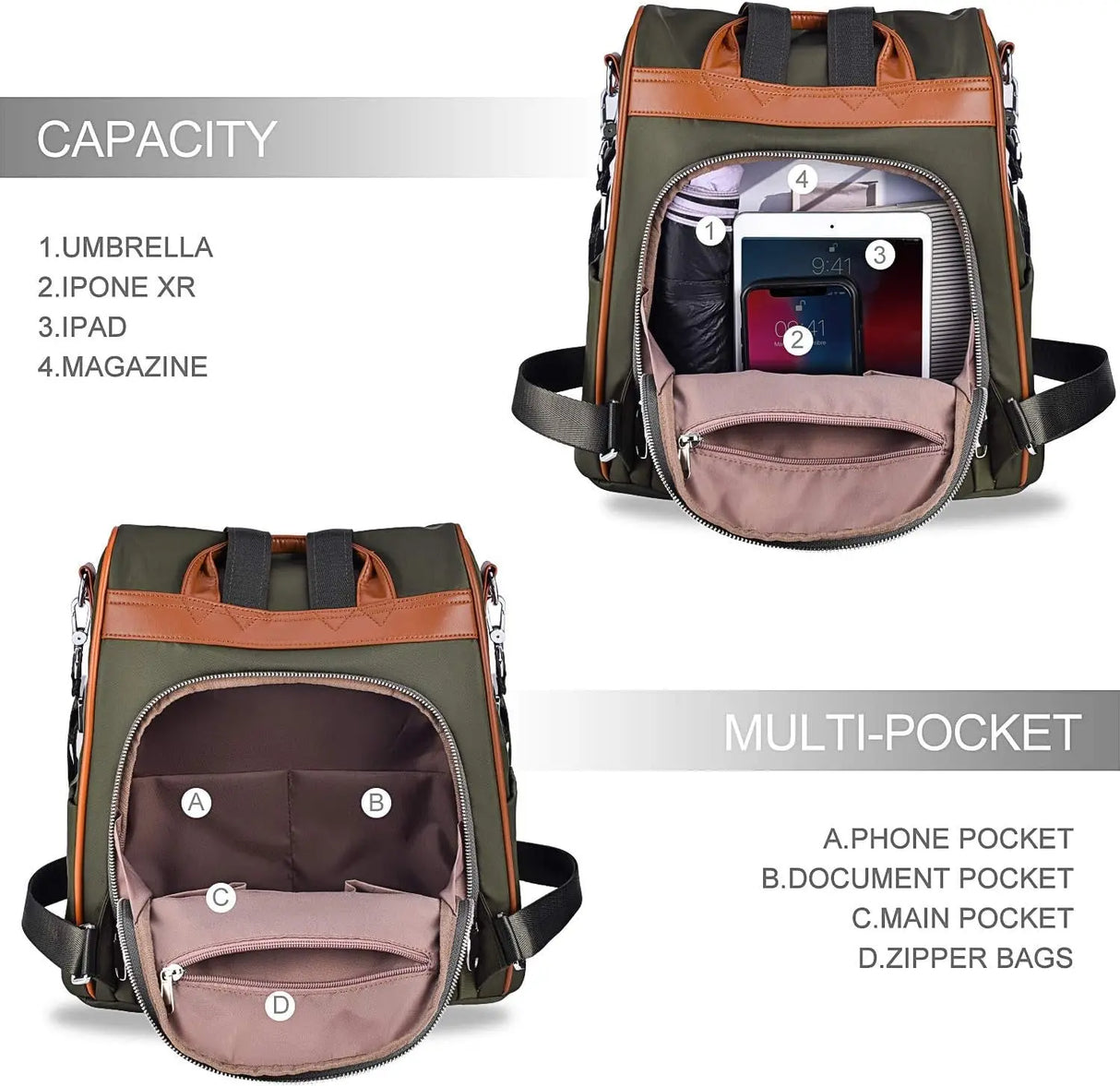 Women Travel Backpack, Waterproof Nylon Shoulder Bag Anti-Theft Backpack Purse Small Casual Daypacks (Armygreen)