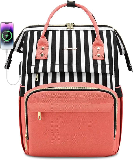 Laptop Backpack for Women,15.6 Inch Professional Womens Travel Backpack Purse Computer Laptop Bag Nurse Teacher Backpack,Waterproof Work Bags Carry on Back Pack with USB Port,Stripe Pink