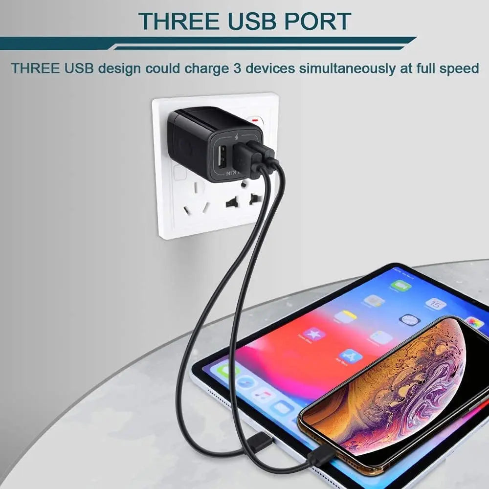 3 USB Wall Charger, Triple Charger Adapter, Fast Charging Block Home Charger Station Block Cube Plug for Iphone, Samsung Galaxy, LG, Motorola, Google Pixel, Oneplus, Base Box Cagardor Para
