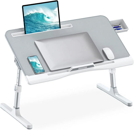 Bed Desk for Laptop, Adjustable Laptop Desk with Foldable Legs Storage Drawer Tablet Slot Removable Stopper, Portable Lap Desk for Writing Working Reading Eating