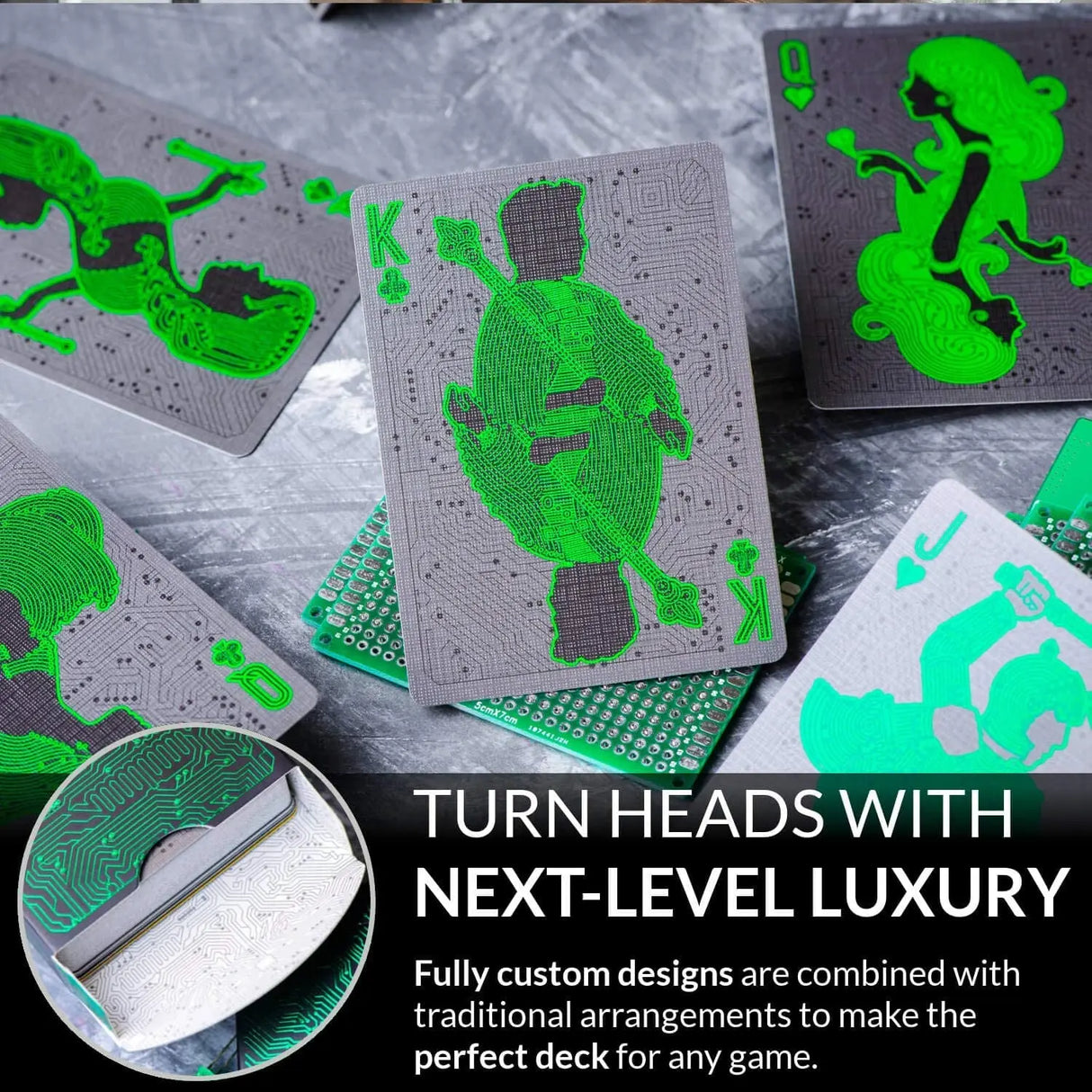 Circuit Neon Green Playing Cards with Free Card Game Ebook, Creative Deck of Cards, Premium Card Deck, Cool Poker Cards, Unique Bright Colors for Kids & Adults, Computer Themed, Black Playing Cards