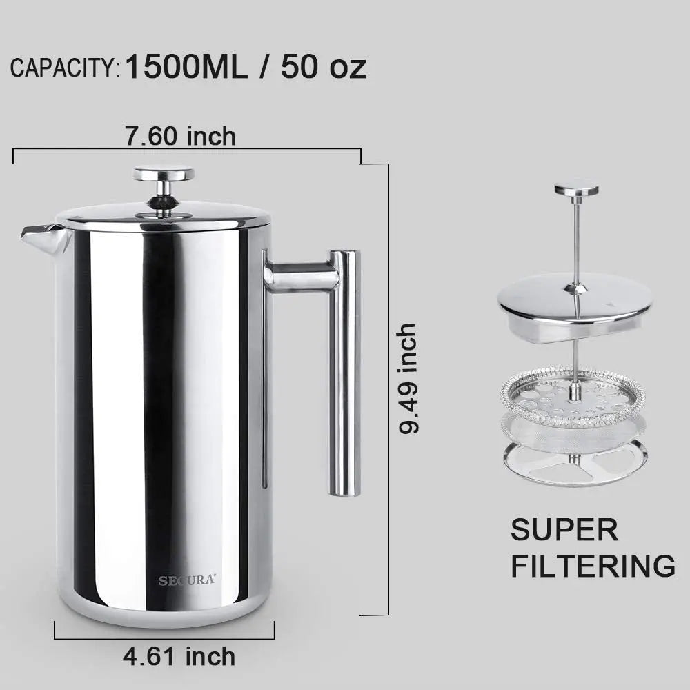 French Press Coffee Maker, 304 Grade Stainless Steel Insulated Coffee Press with 2 Extra Screens, 50Oz (1.5 Litre), Silver