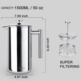 French Press Coffee Maker, 304 Grade Stainless Steel Insulated Coffee Press with 2 Extra Screens, 50Oz (1.5 Litre), Silver