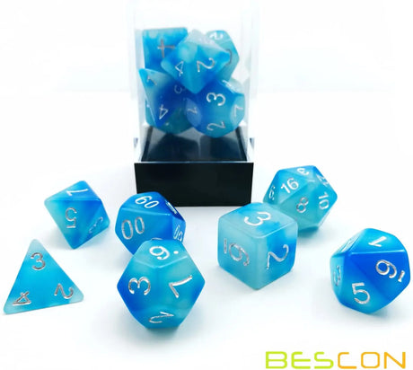 Bescon Gemini Glowing Polyhedral Dice 7Pcs Set ICY Rocks, Luminous RPG Dice Set D4 D6 D8 D10 D12 D20 D%, Brick Box Packaging