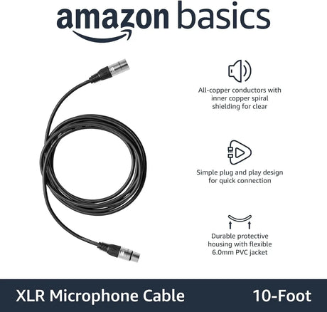 XLR Microphone Cable for Speaker or PA System, All Copper Conductors, 6MM PVC Jacket, 10 Foot, Black