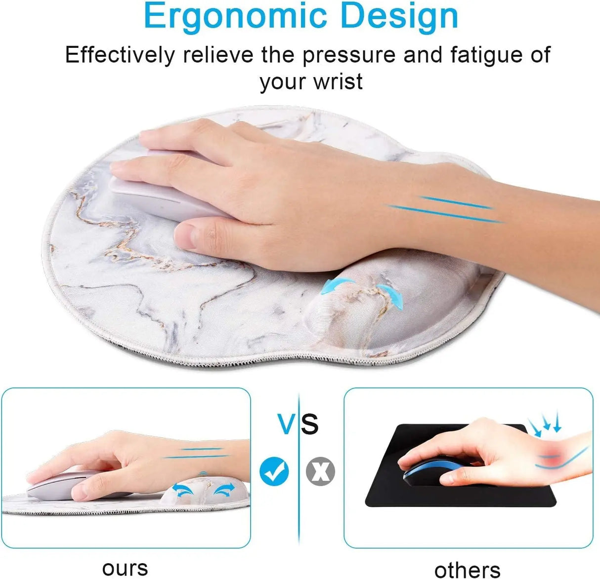 Mouse Pads with Wrist Support,Ergonomic Mouse Pad for Men Women,Wrist Rest Mouse Pad for Laptop Computers,Non Slip Memory Foam Mousepad Stitched Edges,Home Working Office Gaming ,White Marble