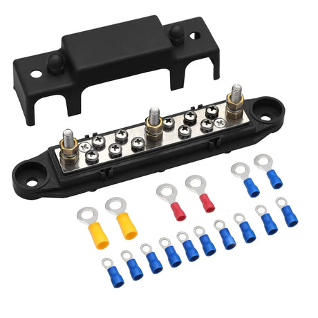 Bus Bar -3X1/4” Post, 10X#8 Screw Terminal Power Distribution Block with Ring Terminals（Single-Black）
