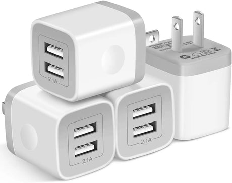 Wall Charger,4-Pack 2.1A Dual Port USB Power Adapter Plug Charging Block Cube for Phone 8/7/6 Plus/X, Pad, Samsung Galaxy S5 S6 S7 Edge,Lg, Android (White)