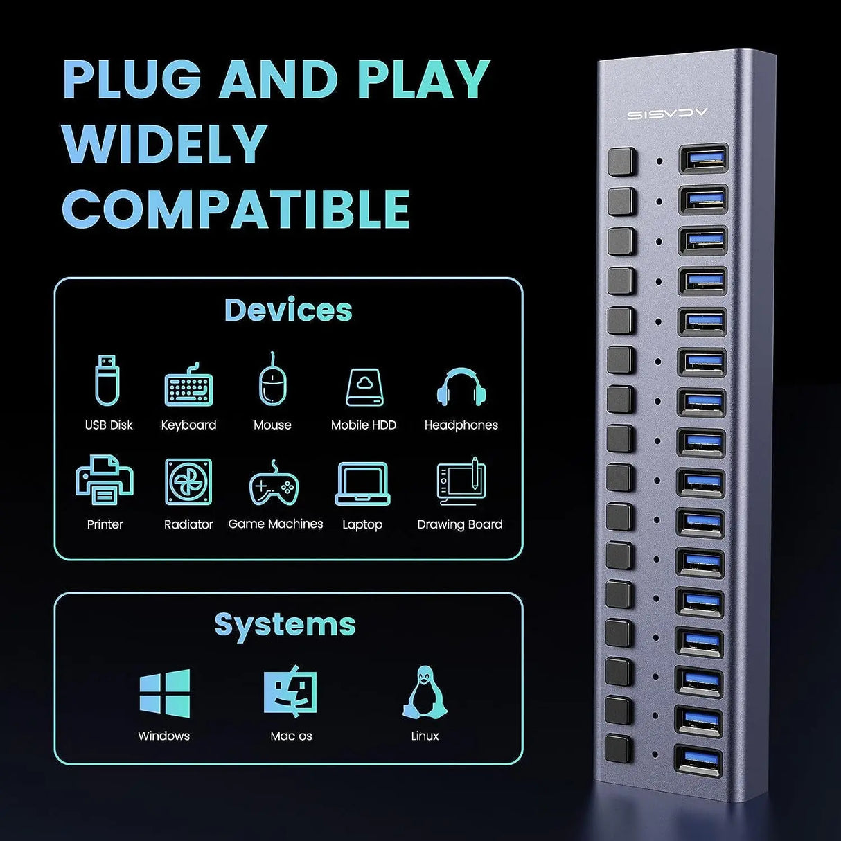 Powered USB Hub -  16 Ports 90W USB 3.0 Data Port, Aluminum Housing, Individual On/Off Switches, 12V/7.5A Power Adapter, 5Gbps High Speed, USB 3.0 Hub for Laptop, PC, Computer, Mobile HDD