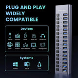 Powered USB Hub -  16 Ports 90W USB 3.0 Data Port, Aluminum Housing, Individual On/Off Switches, 12V/7.5A Power Adapter, 5Gbps High Speed, USB 3.0 Hub for Laptop, PC, Computer, Mobile HDD