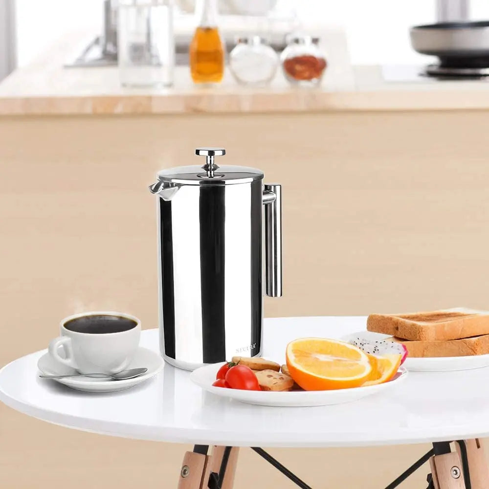 French Press Coffee Maker, 304 Grade Stainless Steel Insulated Coffee Press with 2 Extra Screens, 50Oz (1.5 Litre), Silver