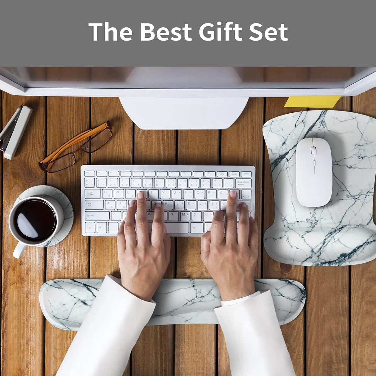 Wrist Rest Support Ergonomic Mouse Pad & Keyboard Set Memory Foam Non-Slip Rubber Base Cute Mouse Mat Coaster for Home,Computer,Office Easy Typing and Relieve Wrist Pain - White Marble