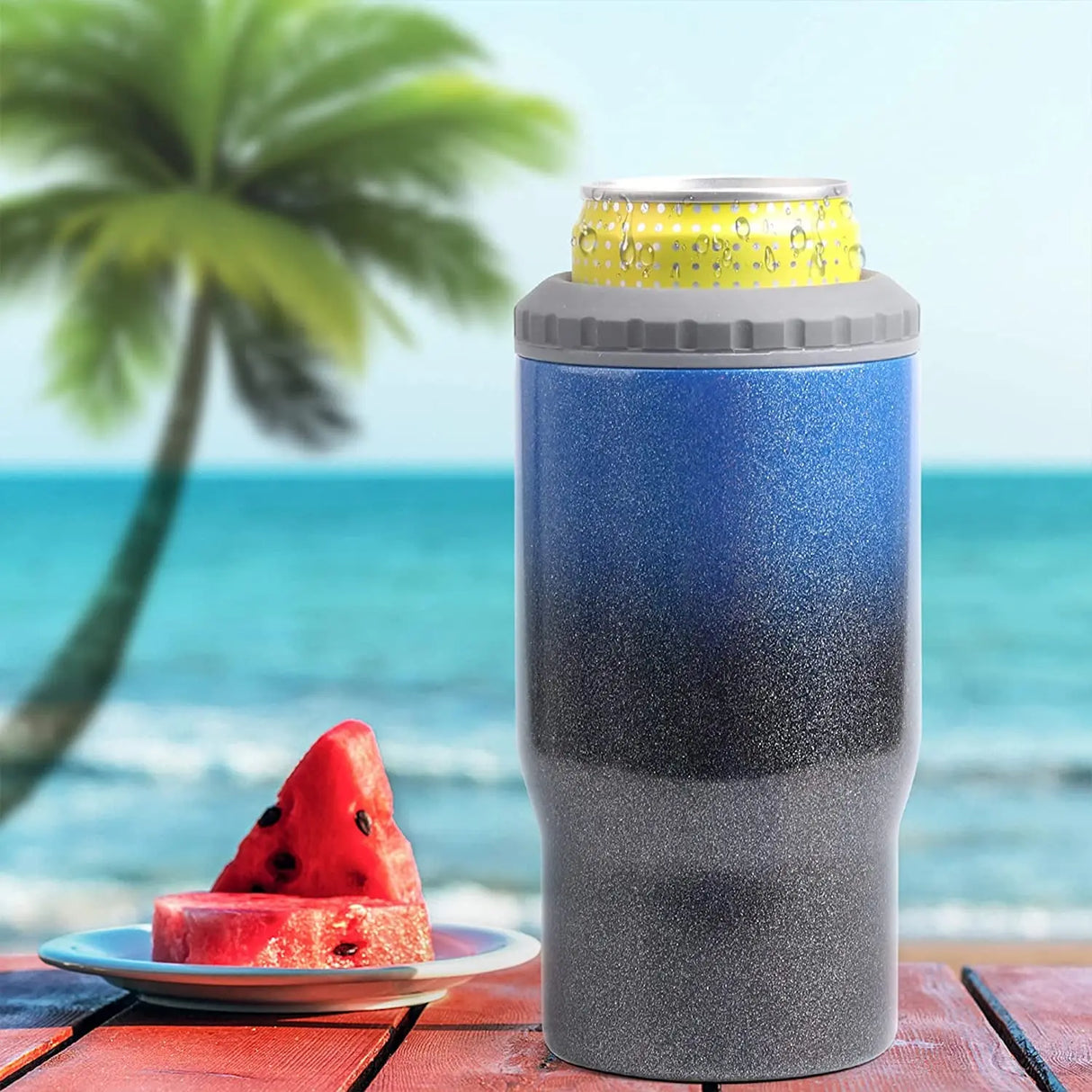 4 in 1 Can Cooler Water Bottle, 12Oz Stainless Steel Beer Bottle with Straw Fits Slim Skinny Bottle & Can, Non-Slip | Indigo Crush