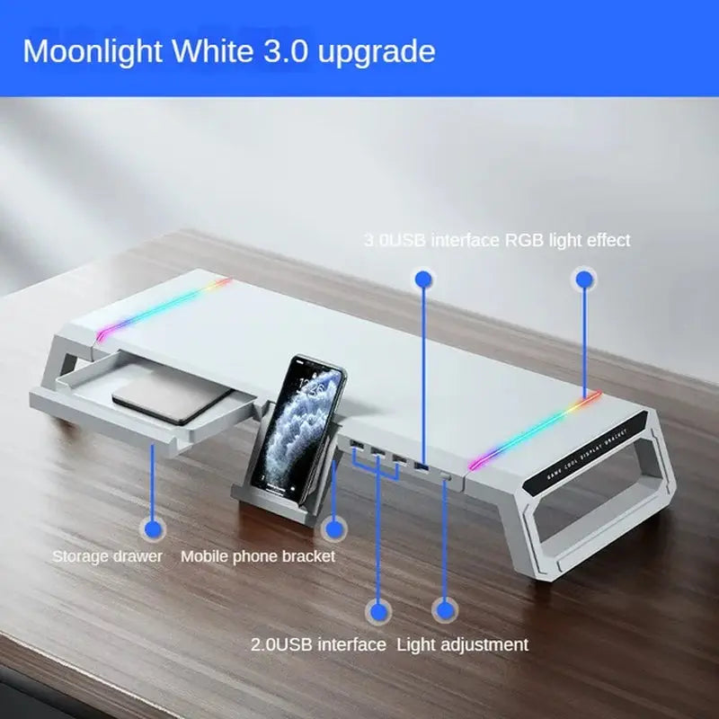 RGB Gaming Computer Monitor Stand, Riser with 4 USB, Foldable Monitor Riser, Storage Drawer and Phone Holder for PC and Laptop