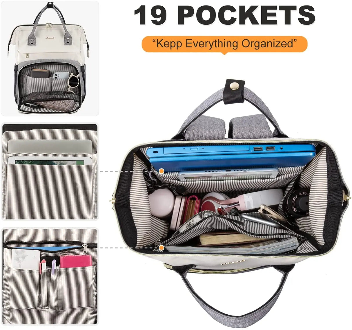 Laptop Backpack for Women Fashion Business Computer Backpacks Travel Bags Purse Doctor Nurse Work Backpack with USB Port, Fits 17-Inch Laptop Beige Grey