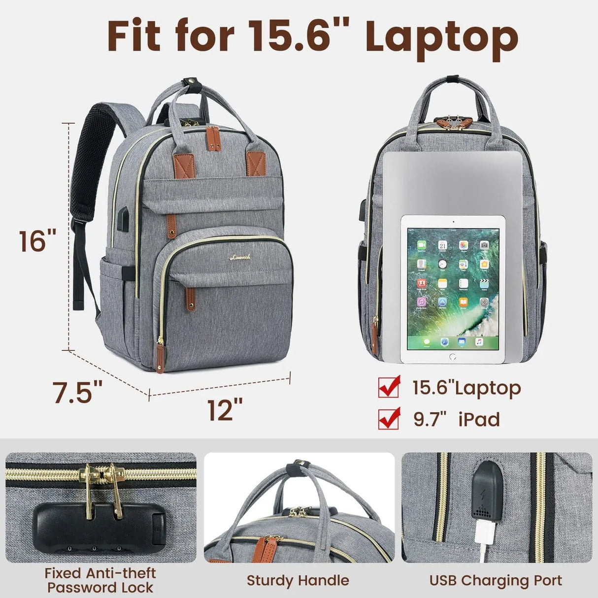 Unisex Anti-Theft 15.6” Laptop Backpack with Lock - for Travel, Business, College, and Outdoor