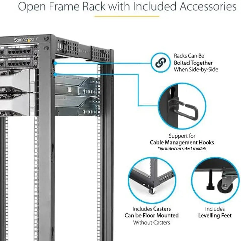 4-Post 25U Mobile Open Frame Server Rack, 19In Network Rack with Wheels, Rolling Rack for Computer/Av/Data/It Equipment - Casters, Leveling Feet or Floor Mounting (4POSTRACK25U)