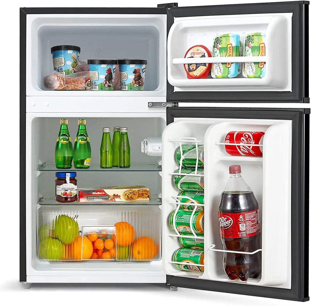 WHD-113FB1 Double Door Mini Fridge with Freezer for Bedroom Office or Dorm with Adjustable Remove Glass Shelves Compact Refrigerator, 3.1 Cu Ft, Black