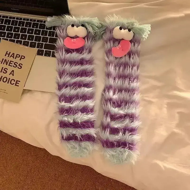 1Pair Ugly and Cute Funny Mink Fleece Floor Socks Thickened and Warm Autumn and Winter Cartoon Medium Sleeve Home Socks Big Eye