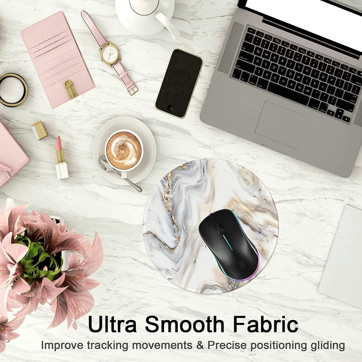 Mouse Pad,Anti Slip Rubber round Mousepads Desktop Notebook Mouse Mat with Stitched Edge for Working and Gaming (Marble Grey B)