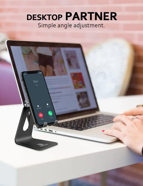 Adjustable Cell Phone Stand Desktop Phone Holder, Aluminum Desk Stand Cradle Dock for Iphone 13 12 Mini 11 Xr Xs Max 8 7 6 6S plus Samsung Huawei All Smartphones (Black)