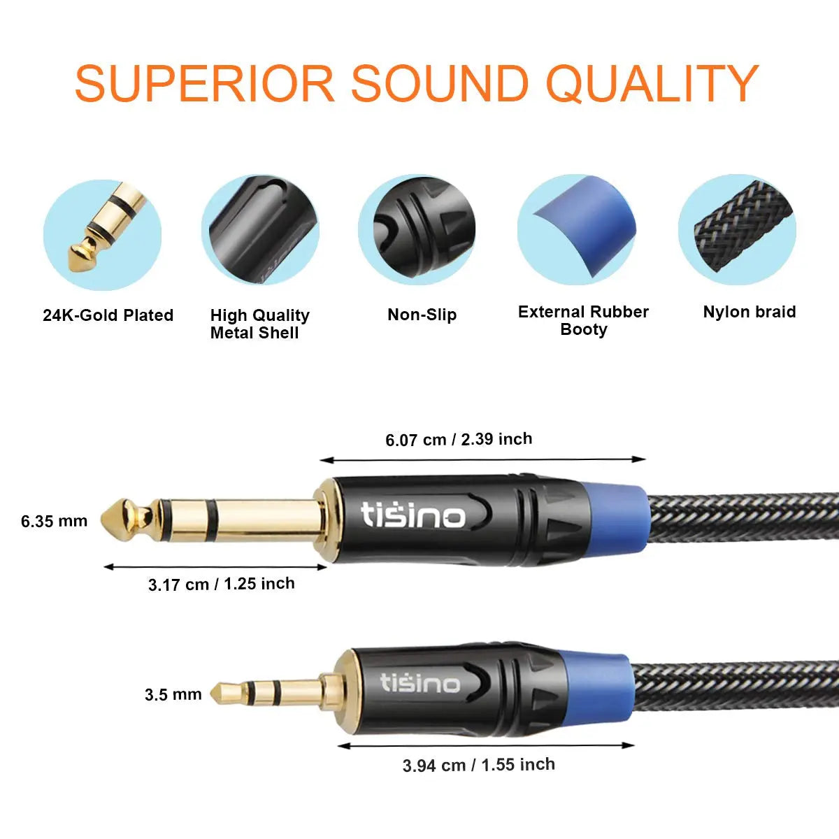 1/8 to 1/4 Stereo Cable, 3.5Mm to 1/4 Adapter Aux Cord Stereo Audio Cable for Guitar, Keyboard Piano, Laptop, Home Theater Devices, Speaker and Amplifiers -Nylon Braid 3Ft