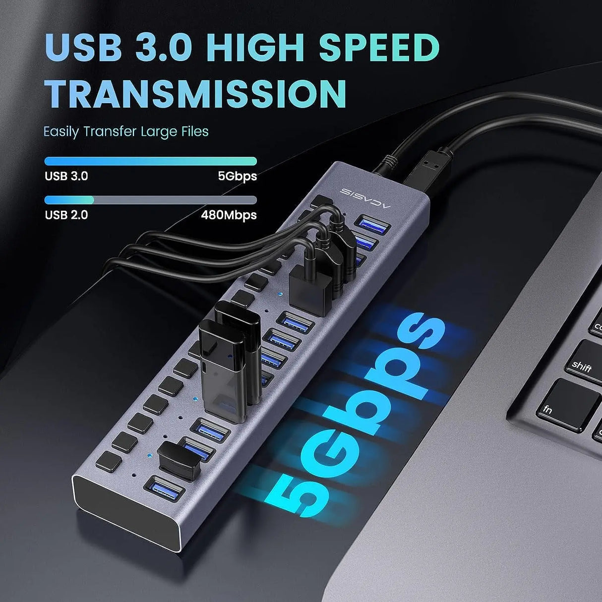 Powered USB Hub -  16 Ports 90W USB 3.0 Data Port, Aluminum Housing, Individual On/Off Switches, 12V/7.5A Power Adapter, 5Gbps High Speed, USB 3.0 Hub for Laptop, PC, Computer, Mobile HDD