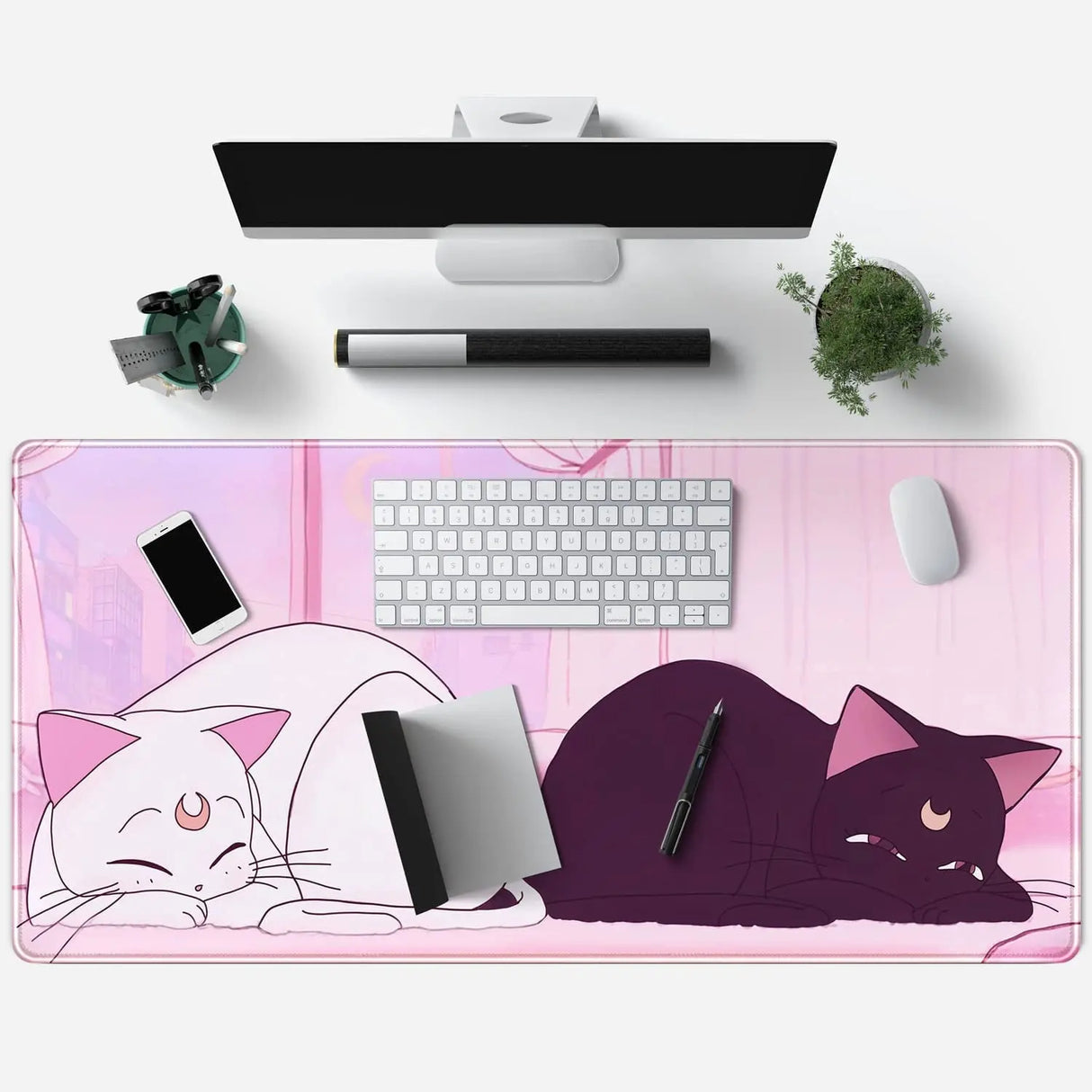 Desk Pad Pink Anime White Cat Black Cat Gaming Mouse Pad Large, Office Decor Exclusive Beautiful Girls Non-Slip Rubber Computer Mat for Women Desktop with Stitched Edges 31.5X15.7 In