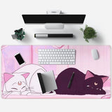 Desk Pad Pink Anime White Cat Black Cat Gaming Mouse Pad Large, Office Decor Exclusive Beautiful Girls Non-Slip Rubber Computer Mat for Women Desktop with Stitched Edges 31.5X15.7 In