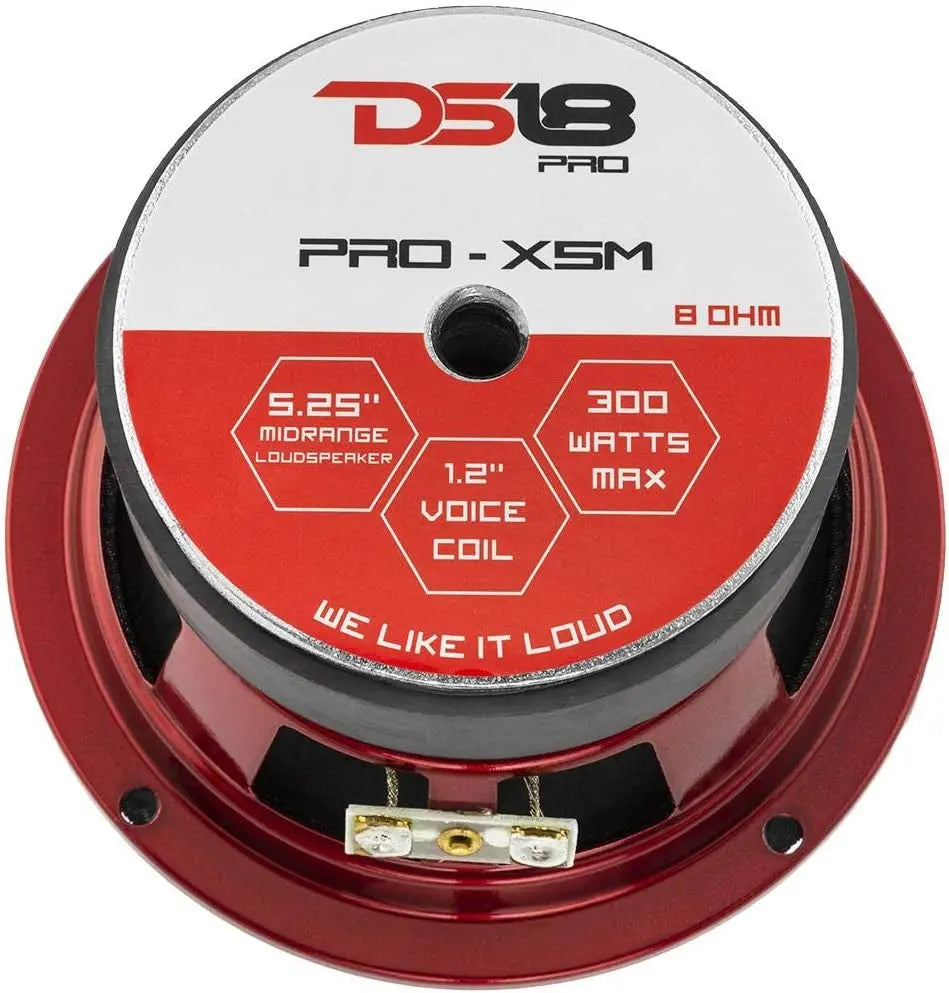 PRO-X5M Loudspeaker - 5.25", Midrange, Red Steel Basket, 300W Max, 150W RMS, 8 Ohms - Premium Quality Audio Door Speakers for Car or Truck Stereo Sound System (1 Speaker), Bullet