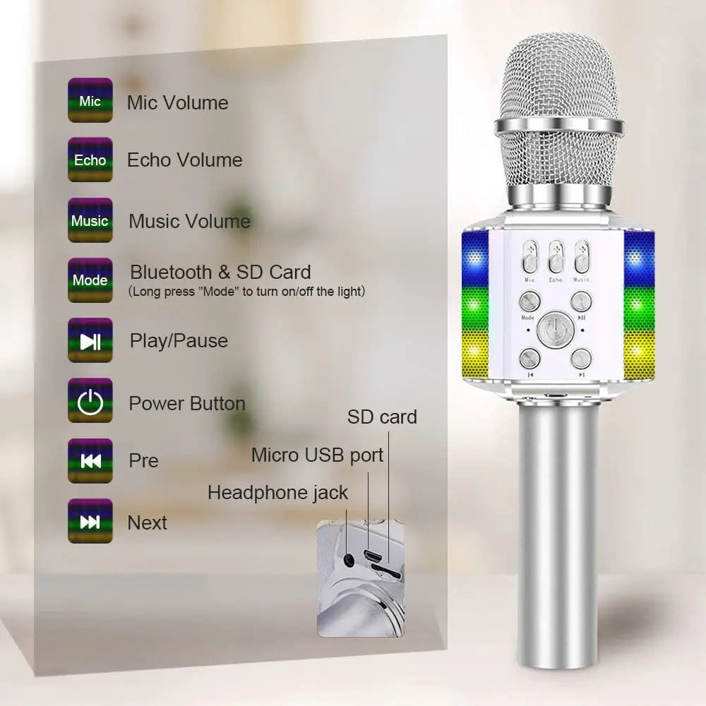 Wireless Bluetooth Karaoke Microphone with Controllable LED Lights, 4 in 1 Portable Karaoke Machine Mic Speaker for All Smartphones, Birthday Holiday Party Gifts for Kids & Adults(Q36 Silver)