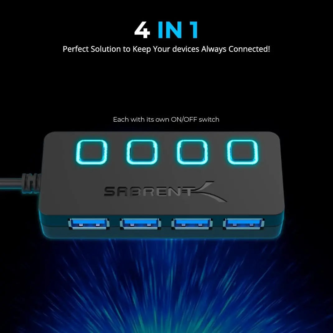 4-Port USB Hub, USB 3.0 Fast Data Hub with Individual LED Power Switches, 2 Ft Cable, Slim & Portable, for Mac & PC (HB-UM43)