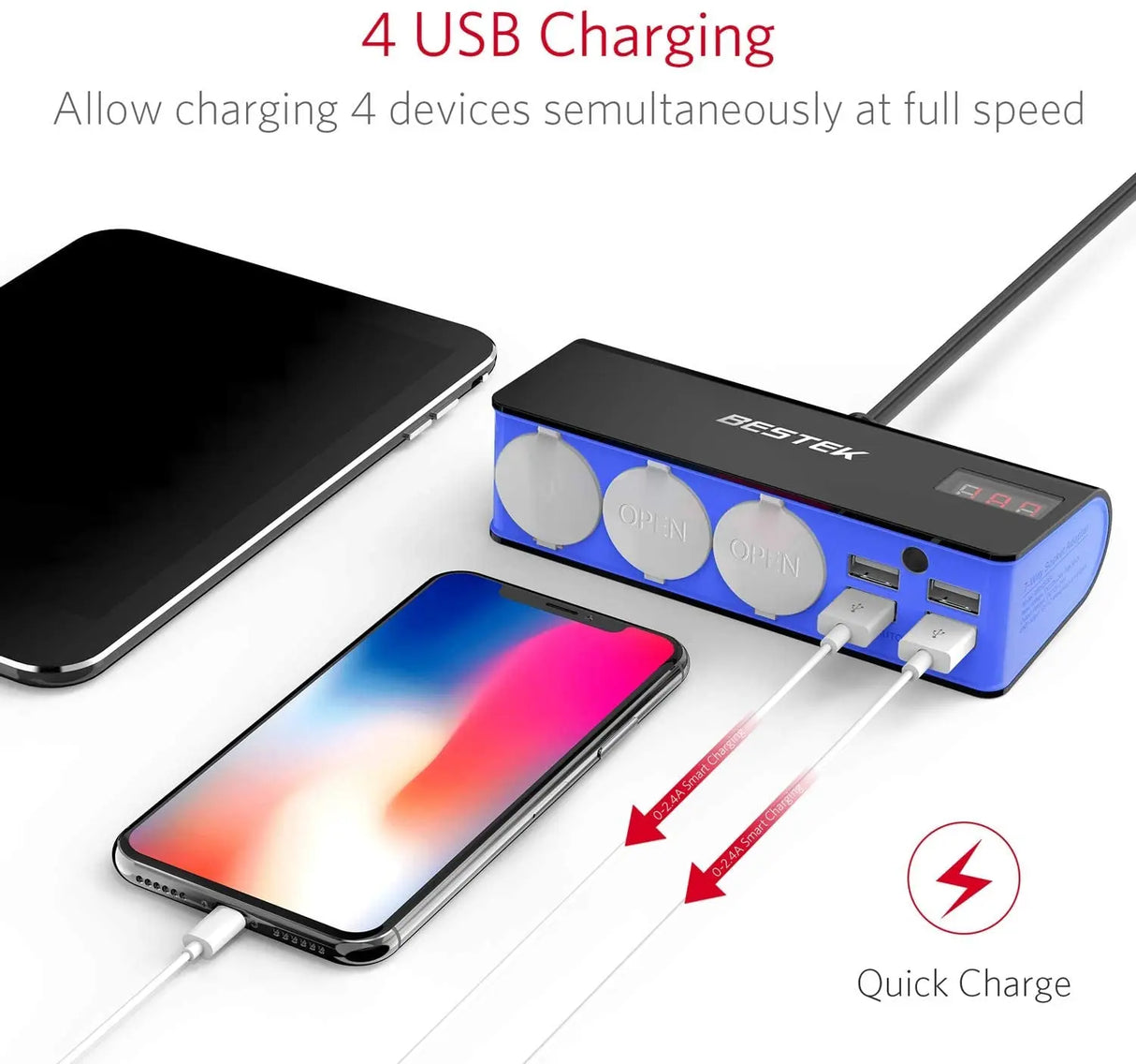 3-Socket Cigarette Lighter Adapter, 12V/24V 200W DC Cigarette Outlet Car Charger Splitter with 4-USB Ports Car Power Adapter for GPS, Dashcam, Low Voltage Protection with Replace Fuse