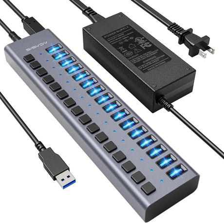 Powered USB Hub -  16 Ports 90W USB 3.0 Data Port, Aluminum Housing, Individual On/Off Switches, 12V/7.5A Power Adapter, 5Gbps High Speed, USB 3.0 Hub for Laptop, PC, Computer, Mobile HDD