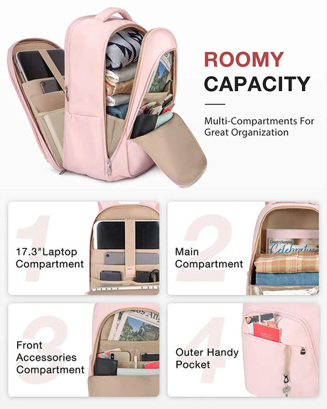 Travel Laptop Backpack Women 17.3 Inch Laptop Backpack Water Resistant Casual Daypack Large Backpack for Business Work Computer Backpack College Bookbag Women Pink