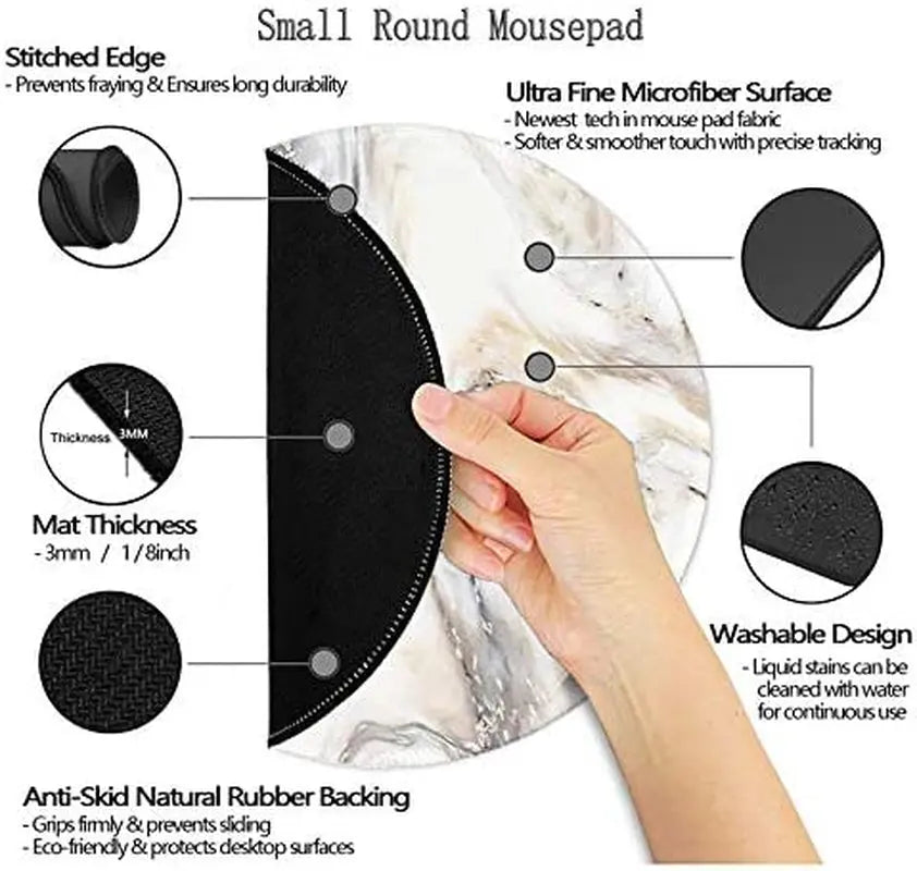 Mouse Pad,Anti Slip Rubber round Mousepads Desktop Notebook Mouse Mat with Stitched Edge for Working and Gaming (Marble Grey B)