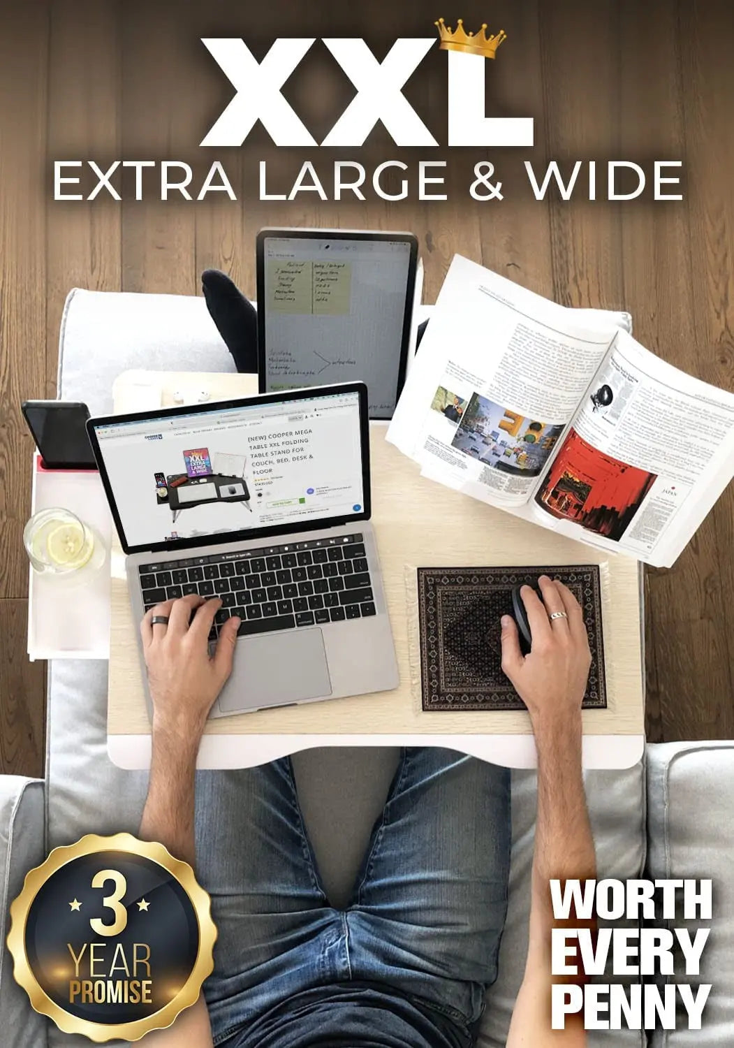 Cooper Mega Table [XXL Extra Large] Folding Laptop Desk for Bed, Laptop Stand for Bed and Sofa, Bed Table | Laptop Bed Desk with Drawer, Book Stand, Phone Stand, Leg Space