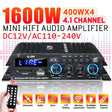 1600W Bluetooth Audio Power Amplifier, 4.1 Channel Support 2 Pairs Speakers 1 Subwoofer, Wireless Hifi Stereo Receivers for Home & Car